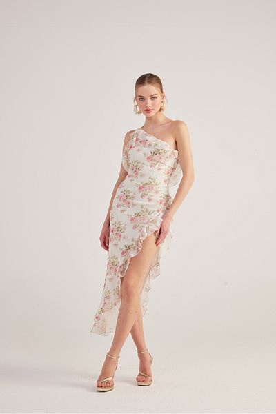 HOLLY LOLLY Detailní volán na jedno rameno Šifon Amorous Dress Ecru