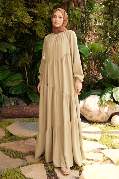 Neways 6614-Denim Büzgülü Elbise Bej