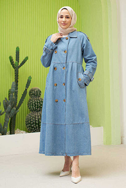 Neways 6632-Regal Sleeve Ornamental Pleated Denim Jacket Blue