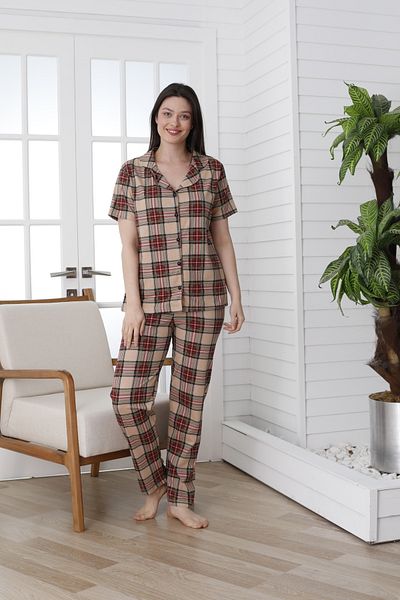 VG BOND MODA Print Buttoned Short Sleeve Single Jersey Women's Pajama Set - Vg138
