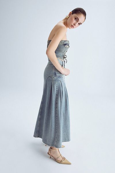 its basic Fusta de denim pentru femei T.Kot Color 3S5-65 plisată din amestec de viscoză