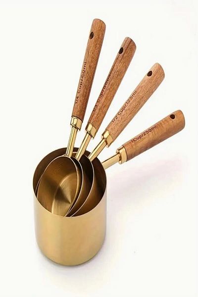 UCR HOME Set of 4 Gold Wooden Handle Measuring Spoons Sauce Bowl - Spice Bowl