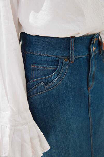 Neways 2254-denim Klasik Etek Koyu Mavi