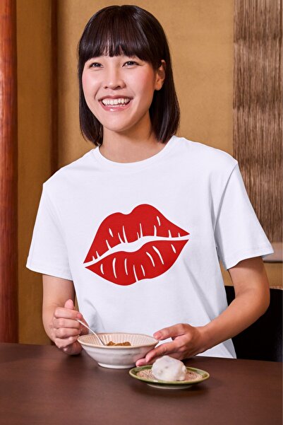 Texclusive Tricou Kissing Lips Tricou alb pentru femei cu imprimeu