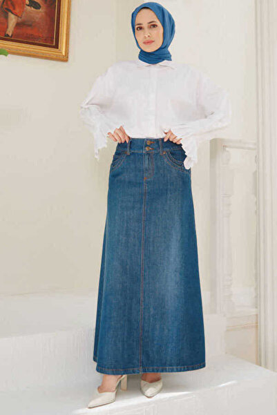 Neways 2254-denim Klasik Etek Koyu Mavi