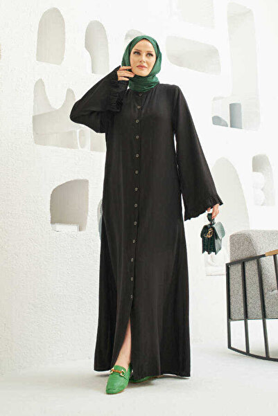 Neways 6587-Denim Düğmeli Kolları Fırfırlı Ferace Siyah