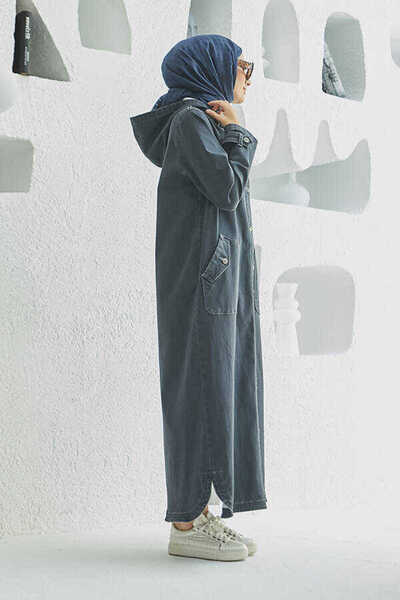 Neways 6329-denim Kapşonlu Kap Koyu Gri