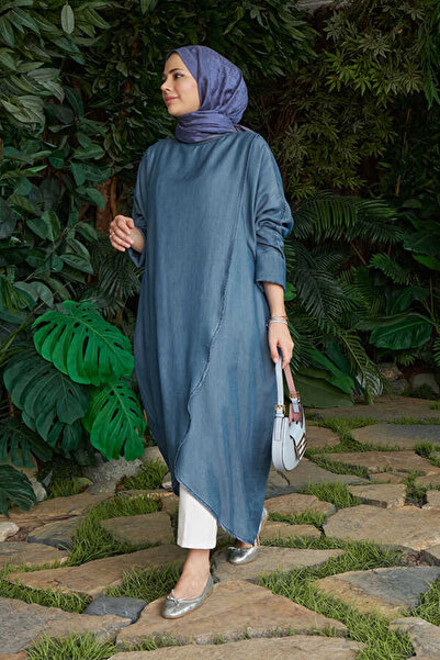 Neways 6394-denim Standart Salaş Tunik Koyu Mavi