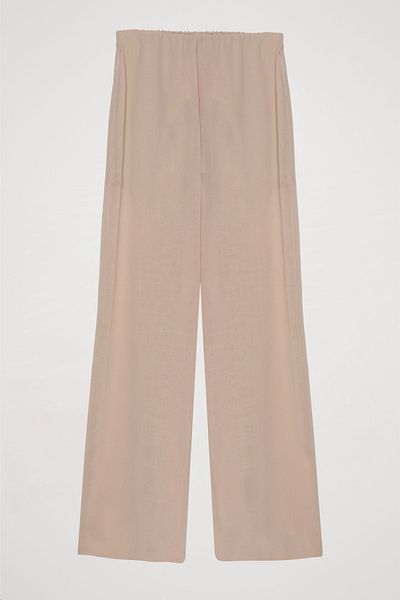 Quzu Beige Colored Side Zipper Wide Leg Trousers