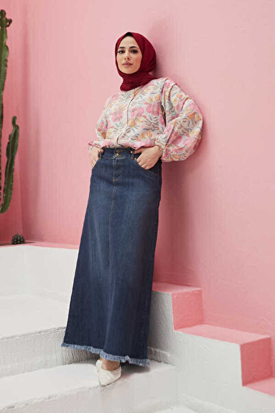 Neways 2252-denim Eteği Püsküllü Etek Koyu Mavi