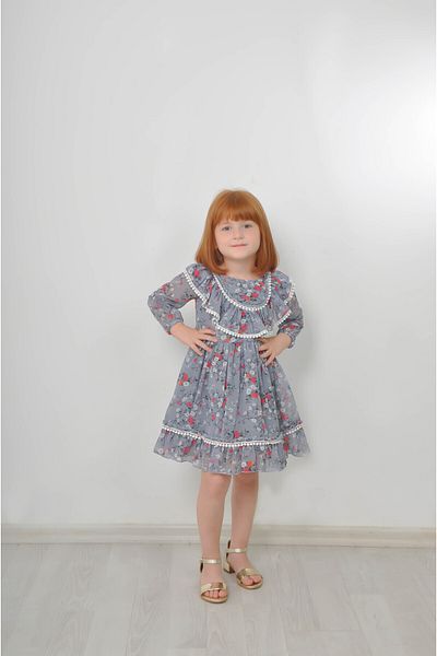 Filizdens Kids Κοριτσίστικο φόρεμα μουστάρδα Floral φόρεμα με λεπτομέρεια πομπόν Casual φόρεμα γενεθλίων