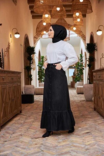 Neways 2248-Denim Fırfırlı Düğmeli Etek Siyah