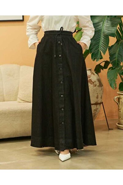 Neways 2215-denim Mevlana Düğmeli Etek Siyah