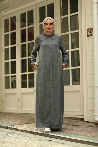 Neways 6557-Rochie din denim cu guler ascuțit, gri