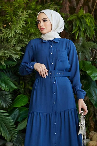 Neways 6564-Indigo Ruffled and Buttoned Crepe Dress