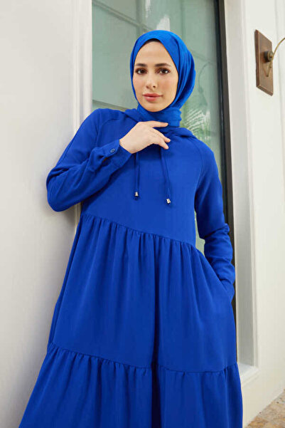 Neways 6531-berlin Hooded Raglan Sleeve Dress Saks Blue