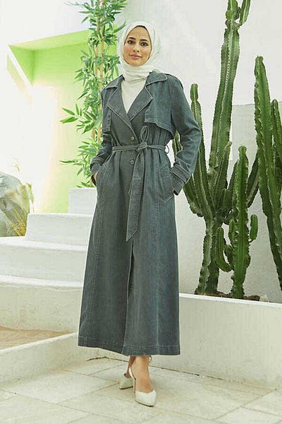 Neways 6458-Allerli Denim Trench Coat Dark Gray