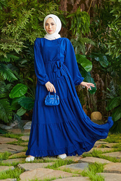 Neways 6599-Berlin Fırfırlı Elbise Saks Mavisi