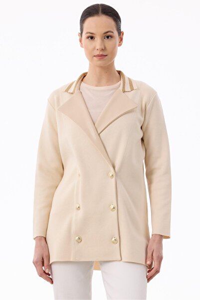 Tığ Triko YENİ TIĞ TRİKO KADIN YAKASI DERİ DETAYLI ÇİZGİLİ TRİKO CEKET HRK.21...