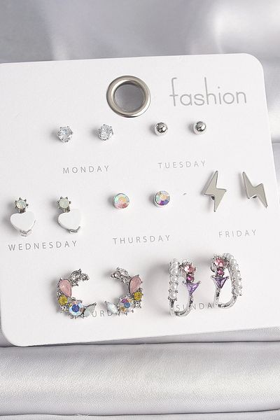 Skygo Silver Color Zircon Stone Pearl Hoop Set 7 Pairs Women Lightning Detail - Tj-Bkp10136