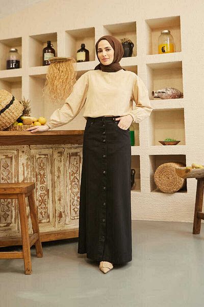 Neways Fusta cu nasturi model denim 2079 - albastru negru