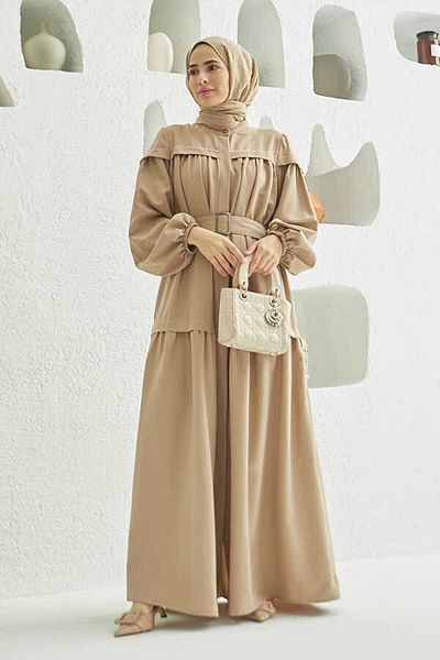 Neways 6605-Carla Gathered Belted Dress Beige