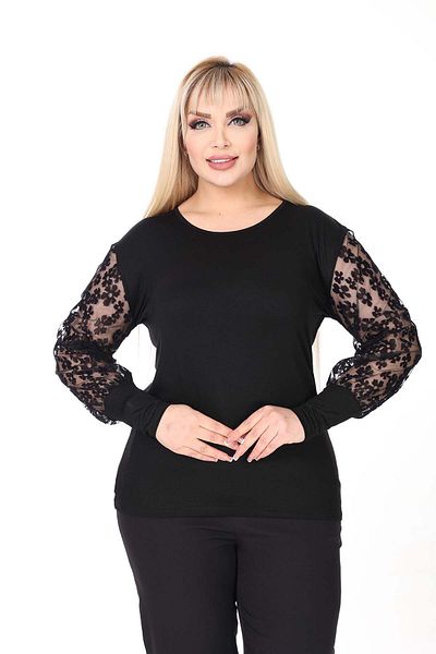 modayız Black Daisy Sleeve Plus Size Blouse