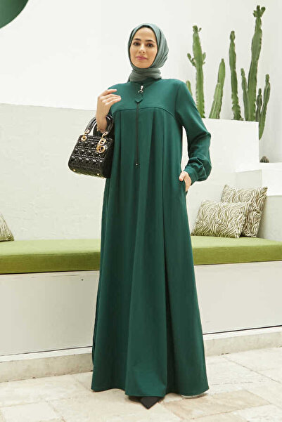 Neways 6612-فستان مطوي بسحاب أخضر زمردي