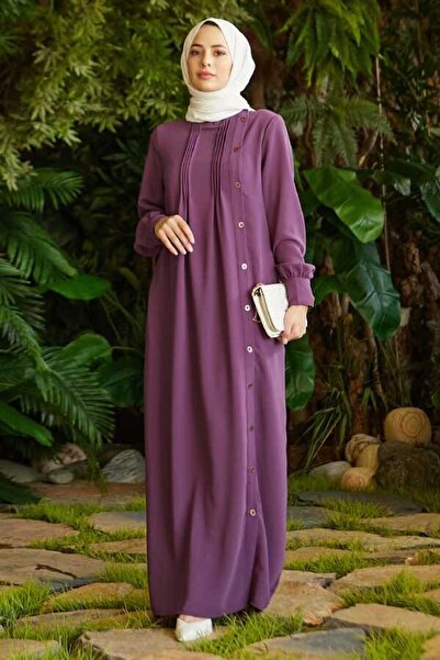 Neways 6508-krep Yandan Düğmeli Ferace Lila