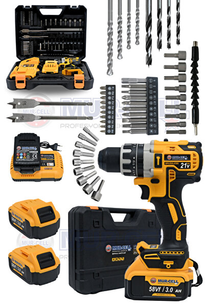 Mur-Cell 13 Mm Mandren Çelik Şanzumanlı Darbeli Şarjlı Matkap 66 Parça 21v 3 Amper Kömürsüz