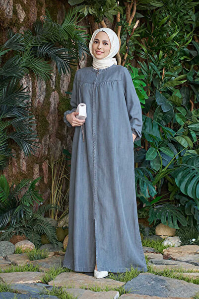 Neways 6470-denim Fermuarlı Ferace Gri