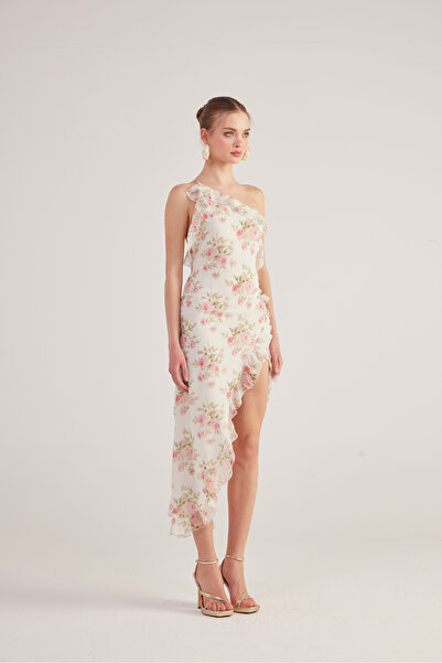 HOLLY LOLLY Detailní volán na jedno rameno Šifon Amorous Dress Ecru