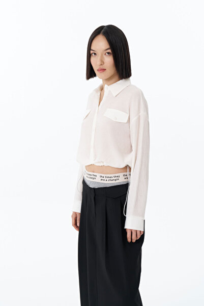 Quzu Beli Lastik Detaylı Cep Kapaklı Gömlek Ekru