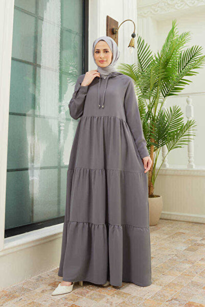 Neways 6531-berlin Kapşonlu Reglan Kollu Elbise Gri