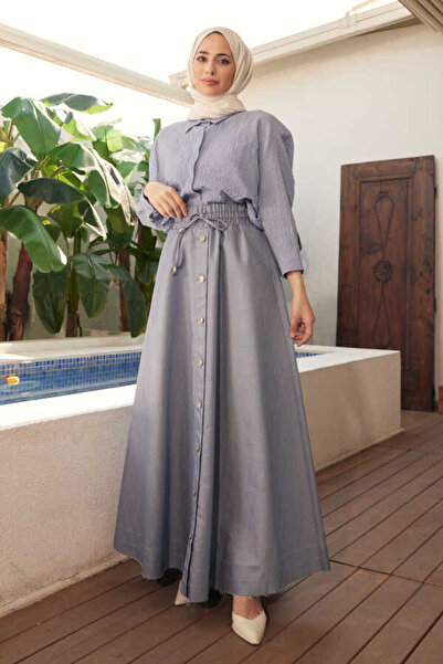 Neways 2215-Nesta Denim Düğmeli Mevlana Etek Mavi