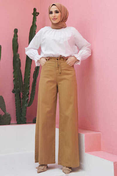 Neways 1123-denim Parça Boyalı Bağcıklı Bol Paça Pantolon Bej