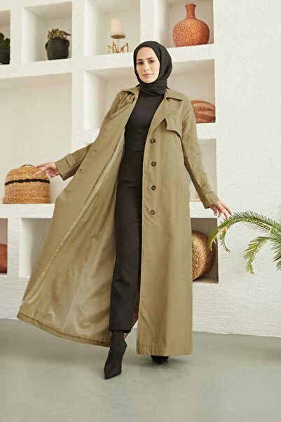 Neways 6604- Uzun Trençkot Koyu Bej