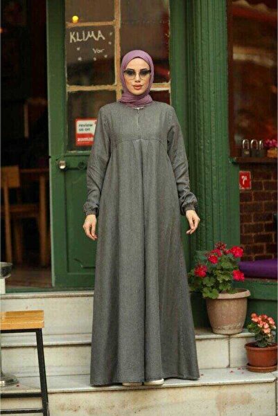 Neways 6482-denim Ön Tek Pileli Elbise Gri