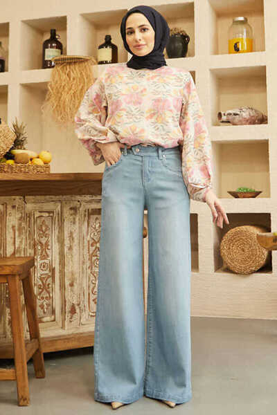 Neways 1067-denim Bol Paça Pantolon Açık Mavi