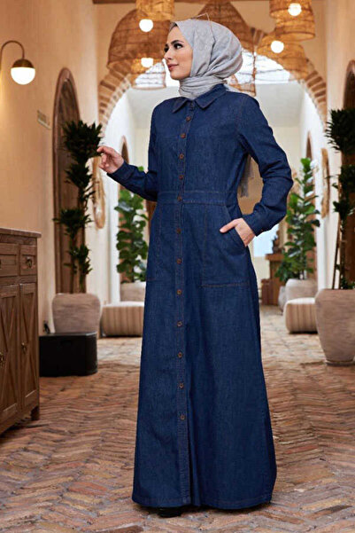 Neways 6573-Denim Düğmeli Elbise Koyu Mavi