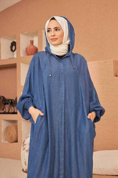 Neways 6465-denim Kapşonlu Yarasa Tunik Koyu Mavi