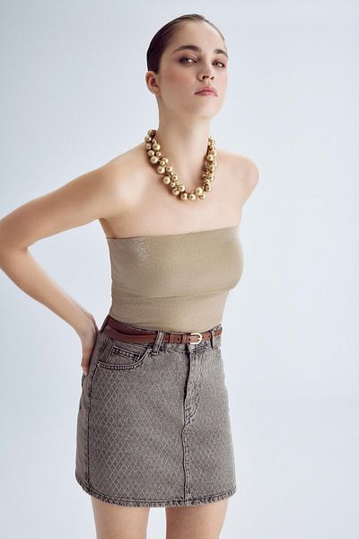 its basic Women's Smoked Color T3S571 Shiny Stone Design Denim Skirt