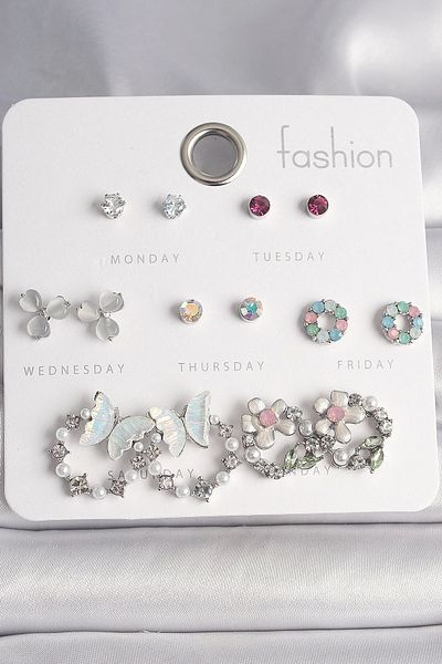 Skygo Brass Silver Color Zircon Stone Kelbekli Flower Ring Model 7 Pairs Women Earrings Set - Tj-Bkp10141