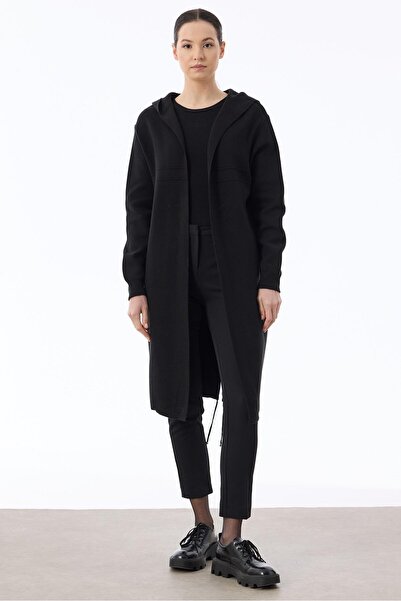 Tığ Triko Kapüşonlu Triko Hırka SİYAH