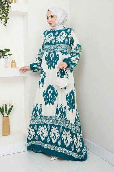 Nevayla Moda Colorful Patterned Viscose Dress - Aqua Green/ E0122