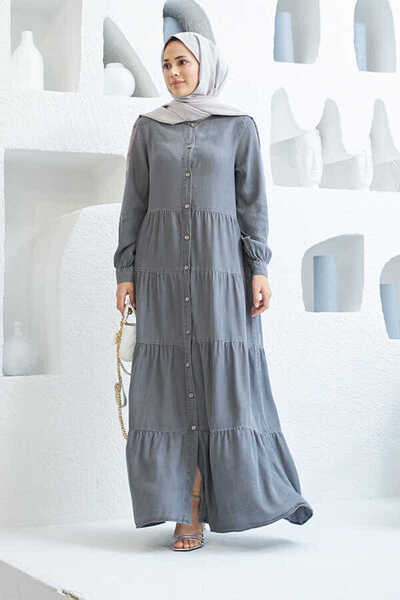 Neways 6556 Model - Gray Denim Gathered Buttoned Dress