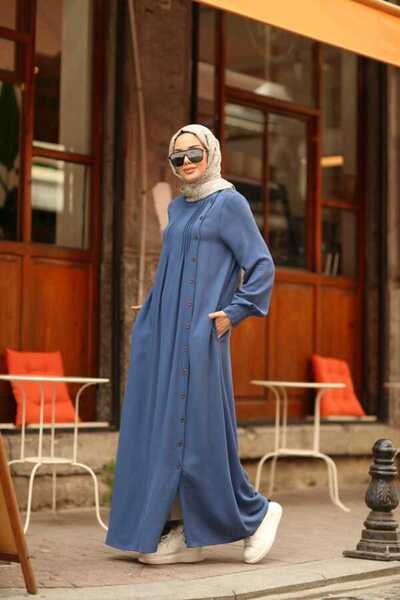 Neways 6508-Krep Yandan Düğmeli Ferace İndigo