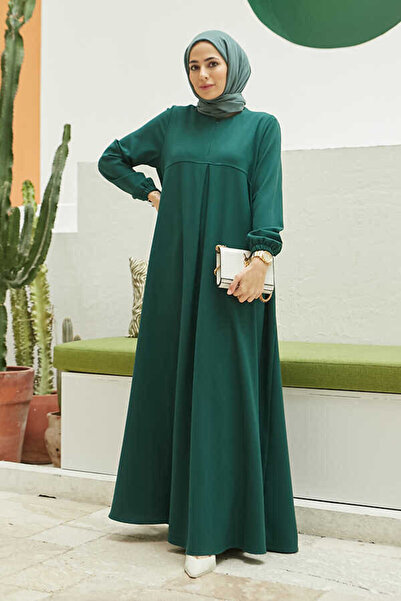 Neways 6482-فستان كريب مطوي من الأمام باللون الأخضر الزمردي