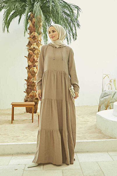 Neways 6531-Modal Kapşonlu Reglan Kollu Elbise Vizon