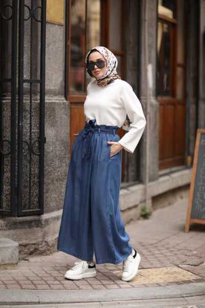 Neways 1119-Denim Lastikli Pantolon Etek Koyu Mavi